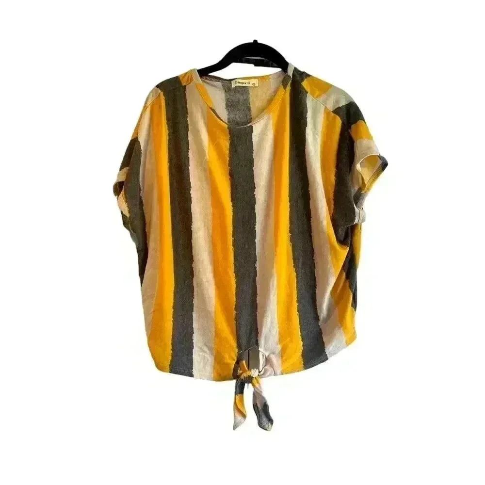 Striped Batwing Top with Front Tie Detail in‎ Yellow, Grey and White B22
